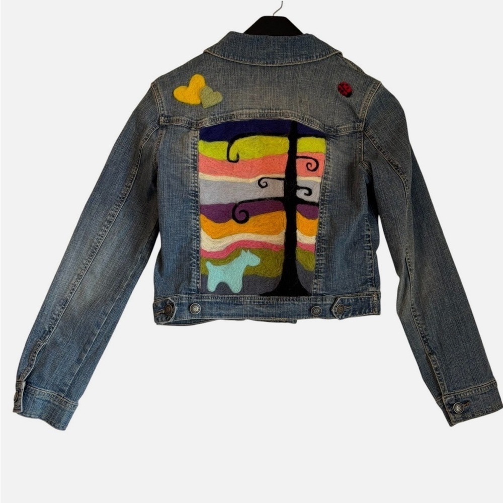 Upcycled Denim Jacket Hand Felted One Of A Kind Boho Hippie Art Whimsical Lg VTG - Picture 7 of 12
